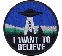 Écusson Thermocollant Patch UFO Alien "I want to believe" | Patch amusant à Coudre ou à Repasser | Appliqué Conspiracy Sci-Fi Biker pour Vestes/Cuir/Jeans/Sacs | 75x75mm