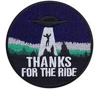 Écusson Thermocollant Patch UFO Alien "Thanks for the ride" | Patch amusant à Coudre ou à Repasser | Appliqué Conspiracy Sci-Fi Biker pour Vestes/Cuir/Jeans/Sacs | 75x75mm