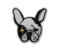 Écusson Thermocollant Style Rock Bouledogue Français Blanc Éclair Doré - Patch Customisation Vêtement Durable - 7,7x7,7 cm