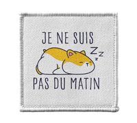 Ecusson Thermocollant Vetement 7x7cm - Hamster Je ne suis pas du matin Animaux de Compagnie - Patch a Repasser pour Reparation ou Customisation T-shirt Sac Jeans Imprime en France