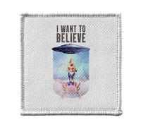 Ecusson Thermocollant Vetement 7x7cm - I Want to Believe Chat Pizza Extraterreste Collage Vintage Illustration Art Humour Parodie Animal - Patch a Repasser pour Reparation ou Customisation T-shirt