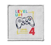 Ecusson Thermocollant Vetement 7x7cm - Level Up! Unlocked 4 Anniversaire Celebration Enfant Cadeau Jeux Video Anglais - Patch a Repasser pour Reparation ou Customisation T-shirt Sac Jeans Imprime en