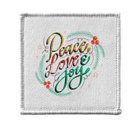 Ecusson Thermocollant Vetement 7x7cm - Peace Love and Joy Noel Houx Célébration Sapin - Patch a Repasser pour Reparation ou Customisation T-shirt Sac Jeans Imprime en France