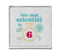 Ecusson Thermocollant Vetement 7x7cm - This Mad Scientist is 6 Anniversaire Celebration Cadeau Anglais Science Theme - Patch a Repasser pour Reparation ou Customisation T-shirt Sac Jeans Imprime en