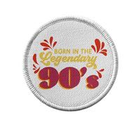 Ecusson Thermocollant Vetement Rond 7cm - Born in the Legendary 90's Anniversaire Celebration Cadeau Jeux Video Anglais Papa Maman - Patch a Repasser pour Reparation ou Customisation T-shirt Sac