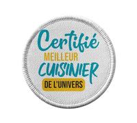 Ecusson Thermocollant Vetement Rond 7cm - Certifié meilleur Cuisinier de l'univers Restaurant Chef Cuisine Nourriture - Patch a Repasser pour Reparation ou Customisation T-shirt Sac Jeans Imprime en