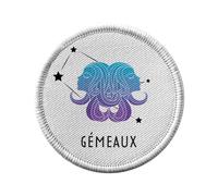 Ecusson Thermocollant Vetement Rond 7cm - Gemeaux Signe Astrologie Prevision Stellaire Céleste Solaire Sideral Etoile - Patch a Repasser pour Reparation ou Customisation T-shirt Sac Jeans Imprime en