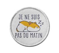 Ecusson Thermocollant Vetement Rond 7cm - Hamster Je ne suis pas du matin Animaux de Compagnie - Patch a Repasser pour Reparation ou Customisation T-shirt Sac Jeans Imprime en France