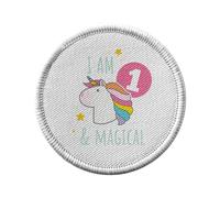 Ecusson Thermocollant Vetement Rond 7cm - I am 1 and Magical Anniversaire Celebration Cadeau Anglais Licorne Fantaisie - Patch a Repasser pour Reparation ou Customisation T-shirt Sac Jeans Imprime en