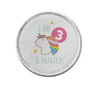 Ecusson Thermocollant Vetement Rond 7cm - I am 3 and Magical Anniversaire Celebration Cadeau Anglais Licorne Fantaisie - Patch a Repasser pour Reparation ou Customisation T-shirt Sac Jeans Imprime en
