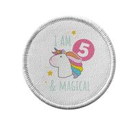 Ecusson Thermocollant Vetement Rond 7cm - I am 5 and Magic Anniversaire Celebration Cadeau Anglais Licorne Fantaisie - Patch a Repasser pour Reparation ou Customisation T-shirt Sac Jeans Imprime en