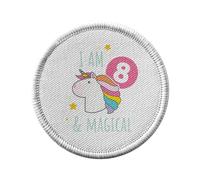 Ecusson Thermocollant Vetement Rond 7cm - I am 8 and Magical Anniversaire Celebration Cadeau Anglais Licorne Fantasie - Patch a Repasser pour Reparation ou Customisation T-shirt Sac Jeans Imprime en
