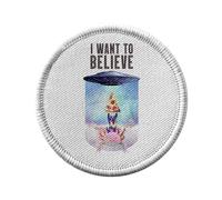 Ecusson Thermocollant Vetement Rond 7cm - I Want to Believe Chat Pizza Extraterreste Collage Vintage Illustration Art Humour Parodie Animal - Patch a Repasser pour Reparation ou Customisation T-shirt