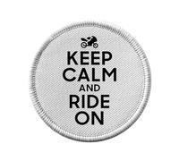 Ecusson Thermocollant Vetement Rond 7cm - Keep Calm and Ride On Parodie Angleterre Moto Motard - Patch a Repasser pour Reparation ou Customisation T-shirt Sac Jeans Imprime en France