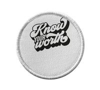 Ecusson Thermocollant Vetement Rond 7cm - Know Your Worth Typographie Message Bien Etre Self Care Amour Santé - Patch a Repasser pour Reparation ou Customisation T-shirt Sac Jeans Imprime en France