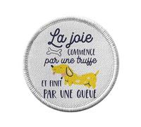 Ecusson Thermocollant Vetement Rond 7cm - La joie Commence par une Truffe et Finit Par une Queue Chien - Patch a Repasser pour Reparation ou Customisation T-shirt Sac Jeans Imprime en France