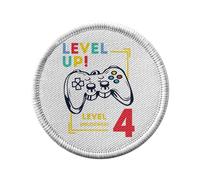 Ecusson Thermocollant Vetement Rond 7cm - Level Up! Unlocked 4 Anniversaire Celebration Enfant Cadeau Jeux Video Anglais - Patch a Repasser pour Reparation ou Customisation T-shirt Sac Jeans Imprime
