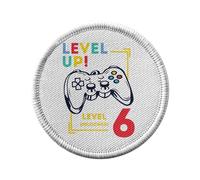 Ecusson Thermocollant Vetement Rond 7cm - Level Up! Unlocked 6 Anniversaire Celebration Enfant Cadeau Jeux Video Anglais - Patch a Repasser pour Reparation ou Customisation T-shirt Sac Jeans Imprime