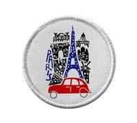 Ecusson Thermocollant Vetement Rond 7cm - Paris Dessin Tour Eiffel Arc de Triomphe Voiture Vintage - Patch a Repasser pour Reparation ou Customisation T-shirt Sac Jeans Imprime en France