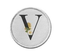 Ecusson Thermocollant Vetement Rond 7cm - V Victoria Valérie Vivienne Lettre Alphabet Prénom Fleurs - Patch a Repasser pour Reparation ou Customisation T-shirt Sac Jeans Imprime en France