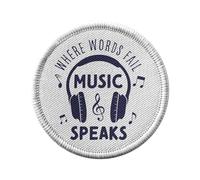 Ecusson Thermocollant Vetement Rond 7cm - Where Words Fail Music Speaks Music Musician Song - Patch a Repasser pour Reparation ou Customisation T-shirt Sac Jeans Imprime en France