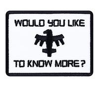 Écusson Thermocollant "Would you like to know more" - Écusson/Appliqué gamer inspiré du film Starship Troopers | Sticker "Hello my name is" pour tous les tissus | 60x80mm