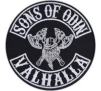 Écusson Viking | SONS OF ODIN - VALHALLA | Patch Vikings Dieux Père Odin | Hache Viking Patch à repasser mythologie nordique Cadeau Vikings Fans Application pour tous les tissus | 90 x 90 mm