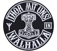 Écusson Viking | THOR AVEC NOUS AU VALHALLA | Patch Vikings brodé Marteau de Mjolnir Thor patchs thermocollants Bouclier Viking patchs thermocollants Applique thermocollante Vikings | 90x90mm