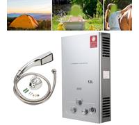 ECUTEE Chauffe eau gaz 12L 24 kW Propane Chauffe eau instantané Gas Tankless Chaudiere avec pommeau de douche galvanisé et tuyau de douche - en plein air et la douche pour camping car, argent