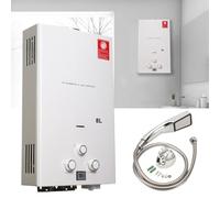 ECUTEE Chauffe eau gaz 8L 16 kW Propane Chauffe eau instantané Gas Tankless Chaudiere avec pommeau de douche à effet pluie et tuyau de douche pour camping RV en plein air, Blanc