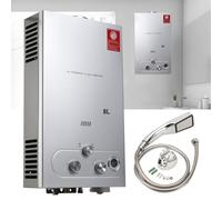 ECUTEE Chauffe eau instantané gaz LPG 8L 16kW propane Chauffe-eau gaz Tankless Chaudiere Avec pommeau de douche à effet pluie et tuyau de douche - Pour camping en plein air et douche en VR -Argent