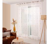 ED ENJOY HOME Rideau Voilage avec Œillets, 140x240cm, Blanc, Broderie Jaune Miel, 100% Polyester Etamine, Collection Telline