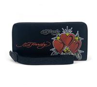 ED HARDY Portefeuille zippé pour femme avec dragonne, Noir avec cœurs, Classique