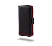 Ed Hicks Coque iPhone 14, Etui Portefeuille en Cuir Véritable de Vache Luxe - Fabriqué à la Main - 4 Niveaux de Protection - Coque TPU Anti-Choc - Fonction Support - RFID Blocage - Noir et Rouge