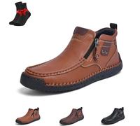 EDAT The First Young Shoes Men Handmade Premium Leather Slip On Boots, Side Zipper Wide Toe Casual Ankle Boots(Khaki,39 EU)