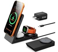 Eddibox Station de charge de voyage 3 en 1 15 W pour MagSafe, support de chargeur magnétique sans fil rapide pour iPhone 17, 16, 15, 14, station de charge pliable pour Apple Watch/AirPods (avec