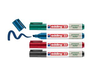 edding 22 lot marqueurs permanents - noir, rouge, bleu, vert - 4 stylos | pointe biseautée 1-5 mm - stylos imperméables, à séchage rapide et qui ne bavent pas