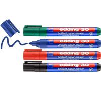 Edding 30 Marqueur Papier À Encre Brillante - Multi-Couleur - 4 Marqueurs Permanents Imperméables - Pointe Ronde 1,5-3 Mm - Coloris Lumineux - Pour Papier, Carton, Plastique, Métal, Verre