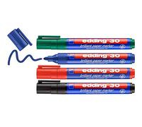 edding 30 Marqueur papier à encre brillante - multi-couleur - 4 marqueurs permanents imperméables - pointe ronde 1,5-3 mm - coloris lumineux - pour papier, carton, plastique, métal, verre