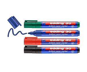edding 30 Marqueur papier à encre brillante - multi-couleur - 4 marqueurs permanents imperméables - pointe ronde 1,5-3 mm - coloris lumineux - pour papier, carton, plastique, métal, verre