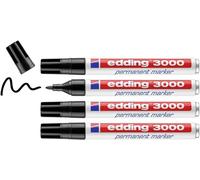Edding 3000 Marqueur Permanent - Noir - 4 Stylos - Pointe Ronde 1,5-3 Mm - Sèche Vite - Résiste À L'eau Et À L'essuyage - Pour Carton, Plastique, Bois, Métal - Marqueur Universel