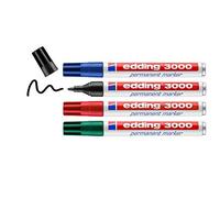 edding 3000 Marqueur permanent - noir, rouge, bleu, vert - 4 stylos - pointe ronde 1,5-3 mm - sèche vite - résiste à l'eau et à l'essuyage - pour carton, plastique, bois, métal - marqueur universel