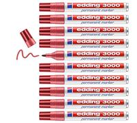 edding 3000 Marqueur permanent - rouge - 10 stylos - pointe ronde 1,5-3 mm - sèche vite - résiste à l'eau et à l'essuyage - pour carton, plastique, bois, métal - marqueur universel
