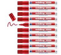 edding 3000 Marqueur permanent - rouge - 10 stylos - pointe ronde 1,5-3 mm - sèche vite - résiste à l'eau et à l'essuyage - pour carton, plastique, bois, métal - marqueur universel