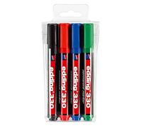 edding 330 Marqueur permanent - noir, rouge, bleu, vert - 4 stylos - pointe biseautée 1-5 mm - sèche vite, résiste à l'eau et aux frottements - pour carton, plastique, bois, métal, verre