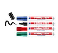 edding 3300 Marqueur permanent - noir rouge bleu vert - Marqueur universel | 4 stylos - pointe biseautée 1,5-3 mm - sèche vite - résiste à l'eau et à l'essuyage - pour carton, plastique, bois, métal