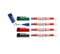 edding 400 Marqueur permanent - noir, rouge, bleu, vert - 4 stylos - pointe ronde fine 1 mm - sèche vite, résiste à l'eau et aux frottements - pour carton, plastique, bois, métal, verre