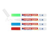 edding 4085 Marqueur craie liquide - rouge blanc bleu clair vert fluorescent - 4 stylos - 1-2mm - feutre craie effacable pour écrire sur les vitres,le verre - feutre craie ardoise aux couleurs opaques