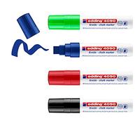 edding 4090 Marqueur craie liquide - noir, rouge, bleu, vert clair - étui de 4 - 4-15 mm - feutre craie effacable pour écrire sur les vitres,le verre - feutre craie ardoise aux couleurs opaques