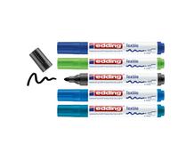 edding 4500 Marqueur pour textiles - noir, 3x bleu, vert - 5 pièces - pointe ronde de 2-3 mm - feutre textile lavable en machine (60 °C) pour décorer le tissu - marqueur textile
